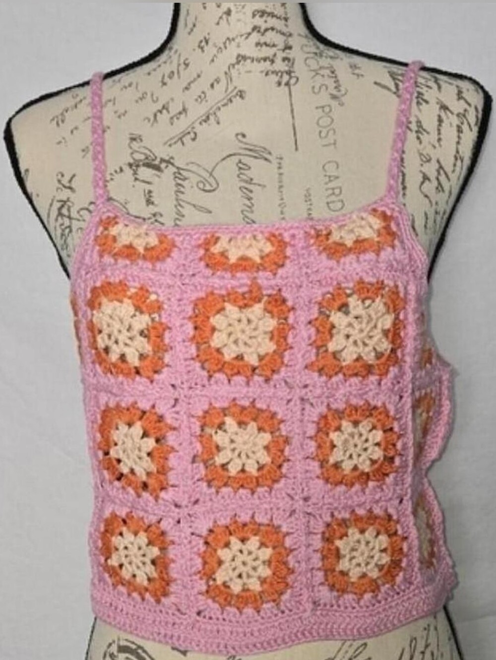 NWT Le Lis Granny Square Crochet Crop Top Pink Orange Boho Festival Cami - Large - Picture 1 of 4